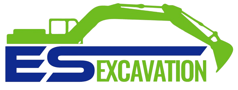 A green and blue excavator logo on a green background